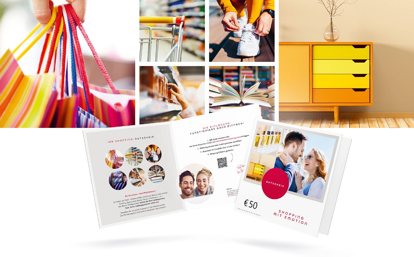 Mehrere Bilder mit Einkaufstüten und ein EMOTION Shopping-Gutschein
